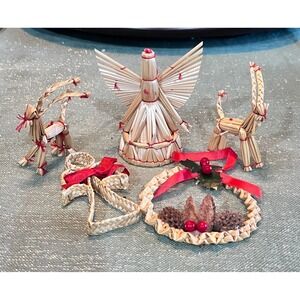 Vintage Scandinavian Straw Christmas Ornaments Set Angel Yule Goat 5pc Nordic
